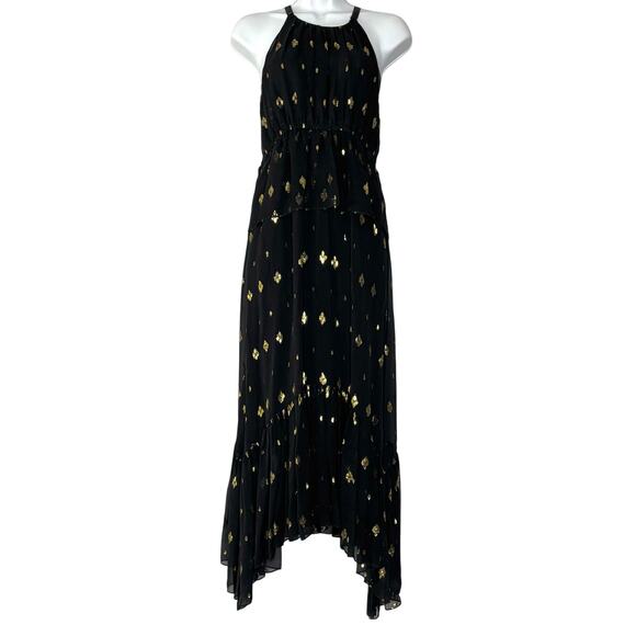 ALC Rosa Sleeveless Fil Coupe Silk Black Ruffle Halter Midi Dress Metallic Gold - Picture 1 of 13